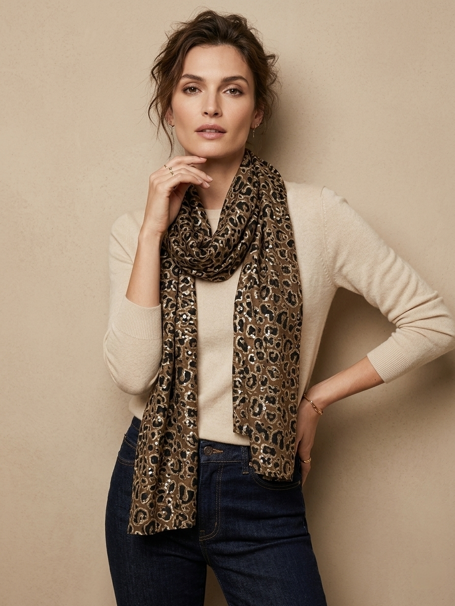 Foulard Léa – Imprimé léopard brun et doré