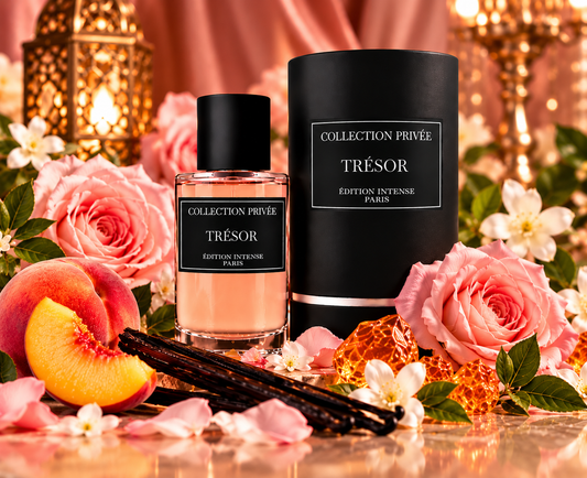 Eau de parfum Trésor - flacon et décor floral sans texte descriptif